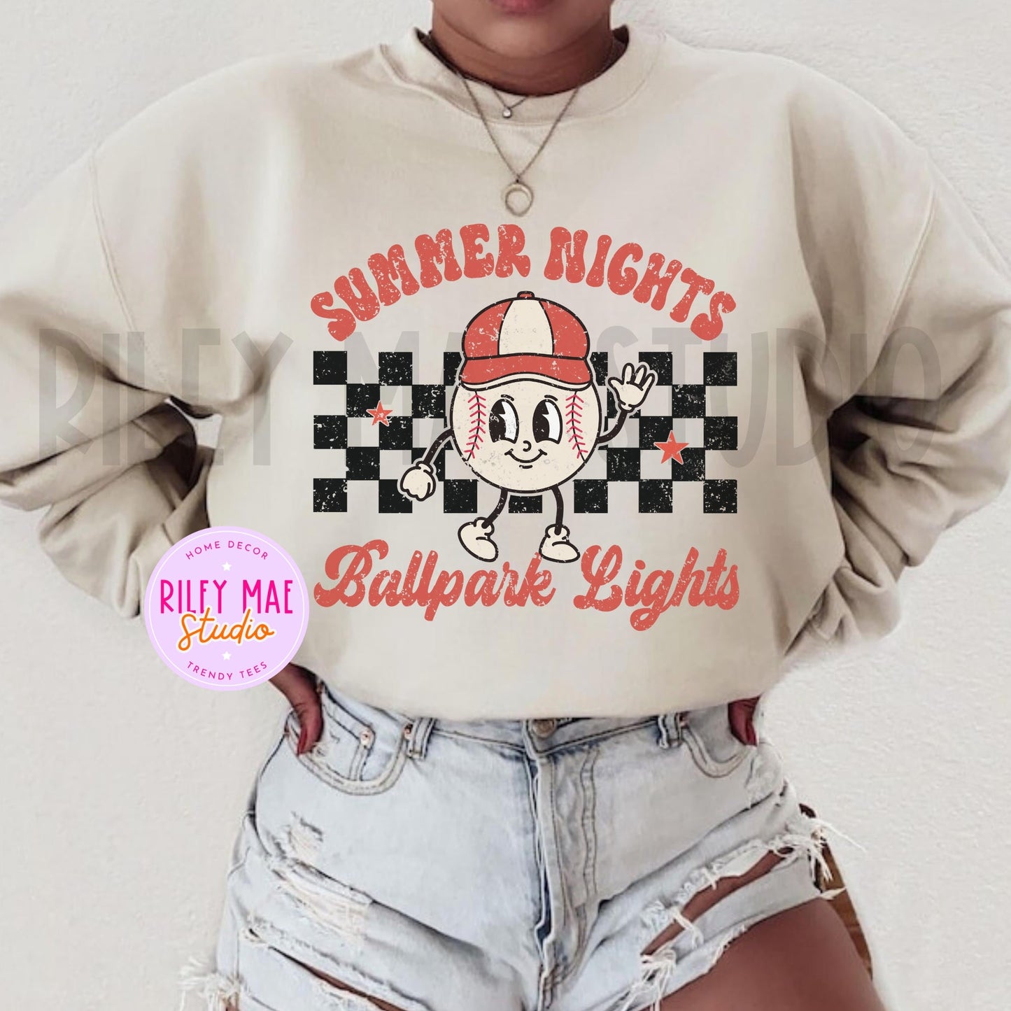 Summer Nights Ballpark Lights Baseball Distressed Sweatshirt