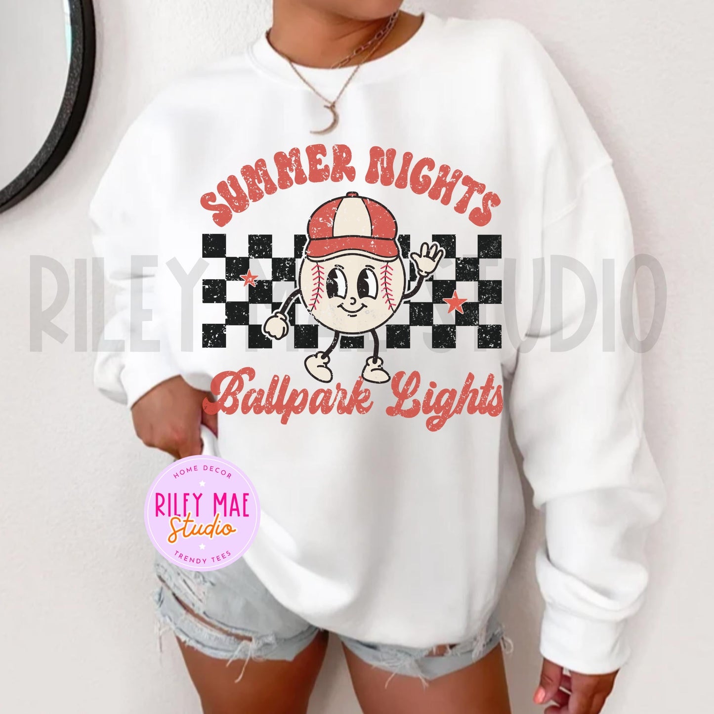 Summer Nights Ballpark Lights Baseball Distressed Sweatshirt