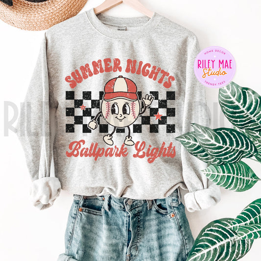 Summer Nights Ballpark Lights Baseball Distressed Sweatshirt