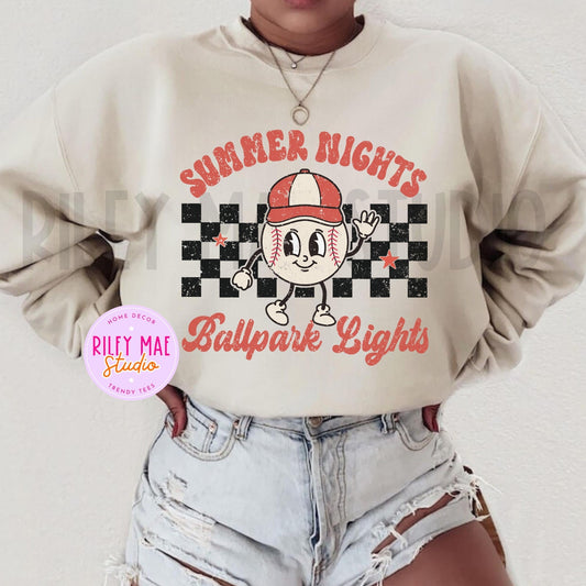 Summer Nights Ballpark Lights Baseball Distressed Sweatshirt