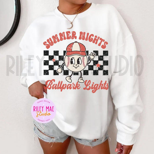 Summer Nights Ballpark Lights Baseball Distressed Sweatshirt