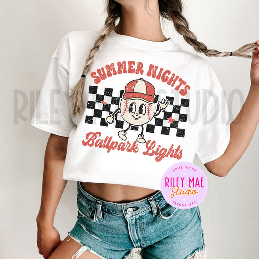Summer Nights Ballpark Lights Baseball Distressed Shirt